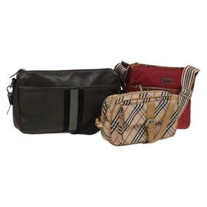 BURBERRY Nova Check Bag Canvas Nylon Leather 3 Set Beige Gray Red Auth ti3370